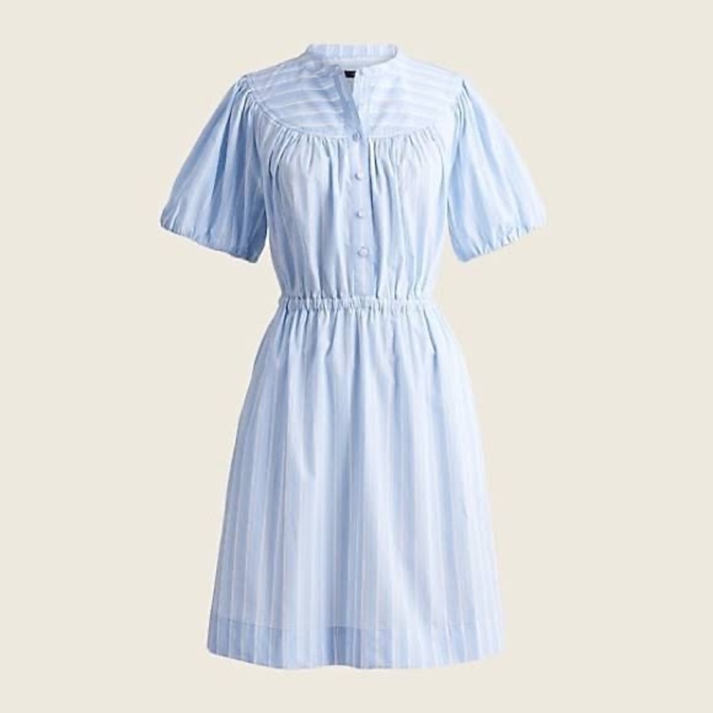 J. Crew Light Blue Cotton Poplin Dress Puff Sleeve Fit Flare Pintuck M